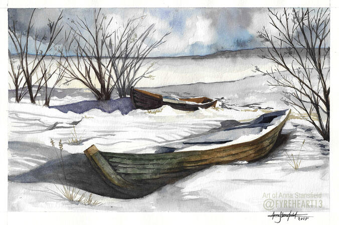 Snowy Boats - Watercolor on Paper. 2025